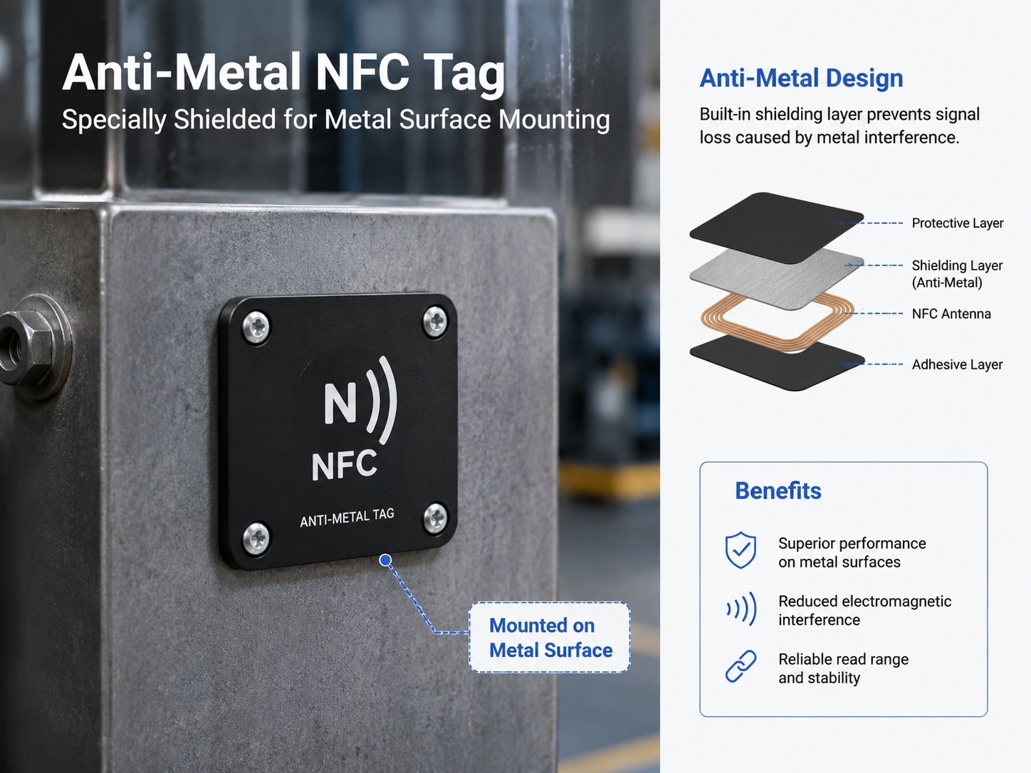 Specially shielded anti-metal NFC tag mounted on an industrial surface to prevent electromagnetic interference Specially shielded anti-metal NFC tag mounted on an industrial surface to prevent electromagnetic interference
