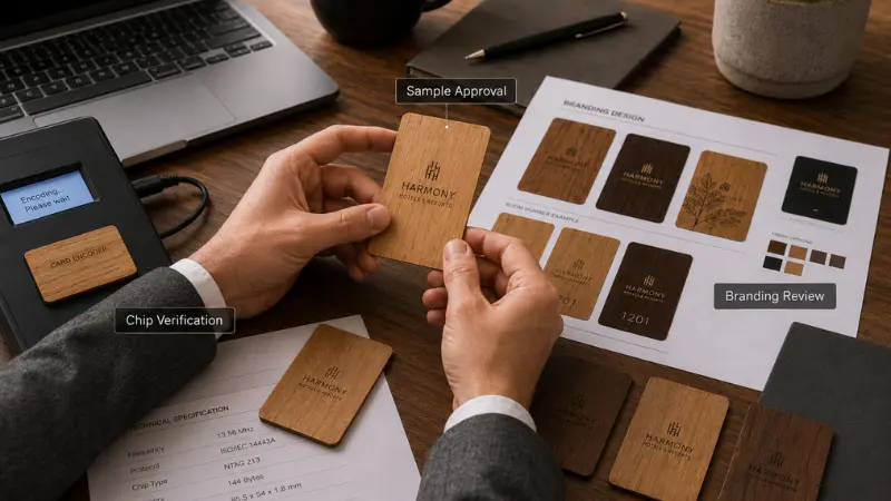 Hotel buyer reviewing wooden RFID key card samples and design details before mass production Hotel buyer reviewing wooden RFID key card samples and design details before mass production