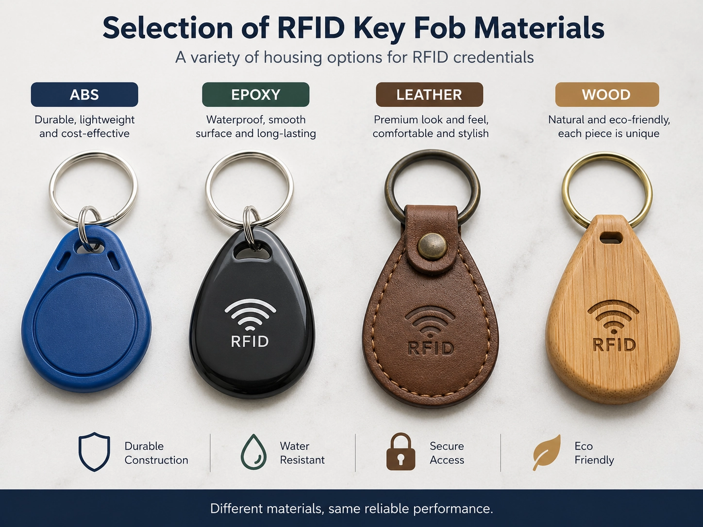 Selection of RFID key fob materials including ABS, epoxy, leather, and wood demonstrating the variety of housing options for RFID credentials. Selection of RFID key fob materials including ABS, epoxy, leather, and wood demonstrating the variety of housing options for RFID credentials.