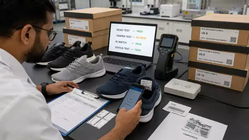 RFID footwear samples undergoing read performance, tamper, identifier matching and return-status acceptance tests RFID footwear samples undergoing read performance, tamper, identifier matching and return-status acceptance tests